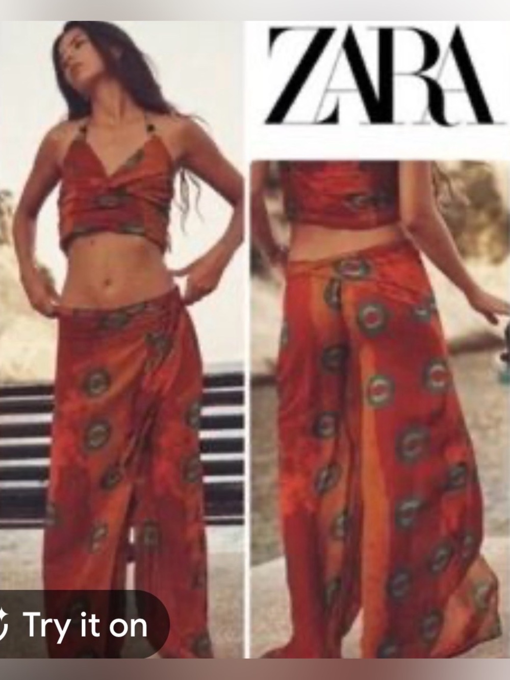 ZARA Orange Printed Wide-Leg Pant-Skirt